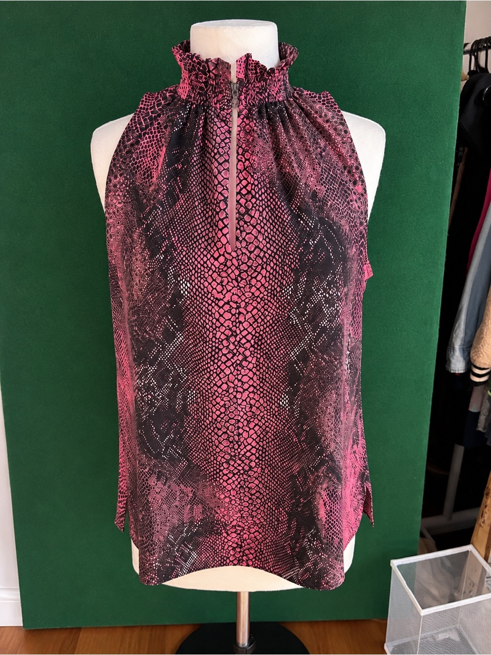 Etcetera Pink and Black Snake-Print Halter Ruffle Neck Top